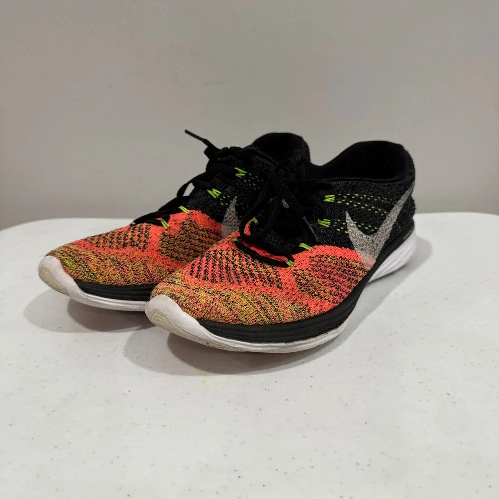 Nike Flyknit Lunar 3 Mens 8 Running Shoes Black Orange Volt Mesh 698181-006